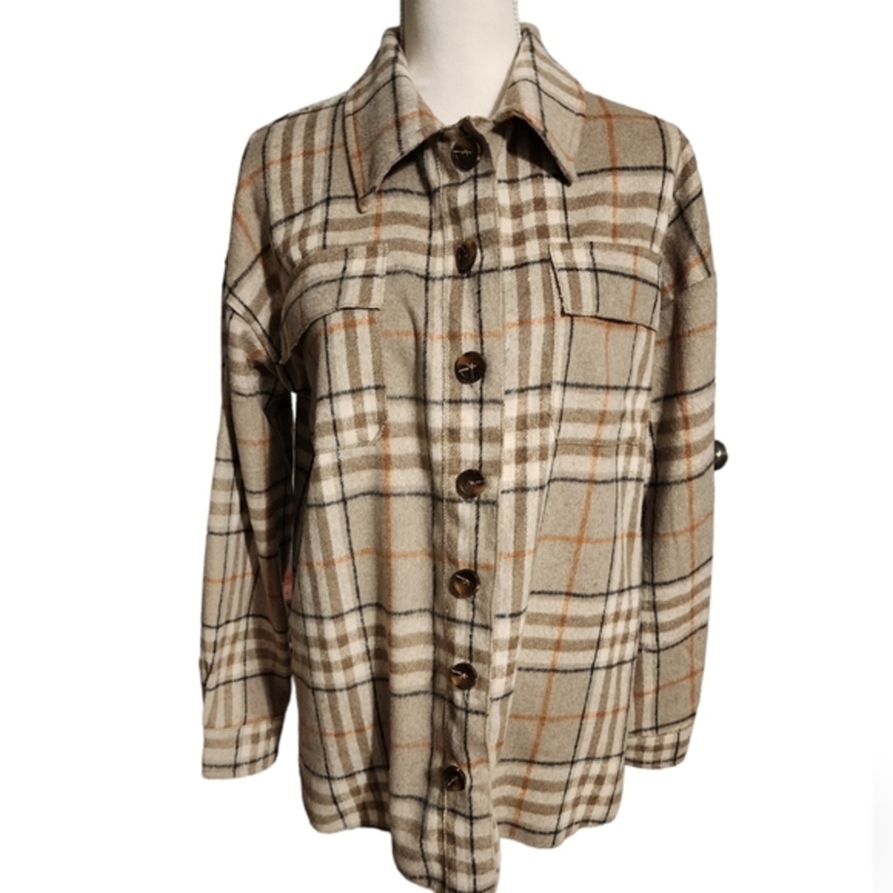 Pink lily plaid button down‎ long sleeve pocket shacket